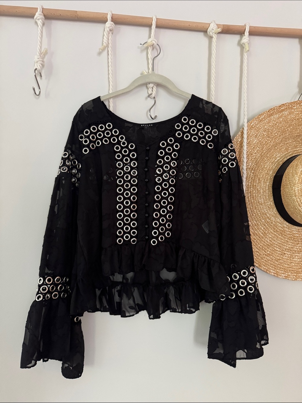 Beulah Black Eyelet Ruffle Sheer Blouse